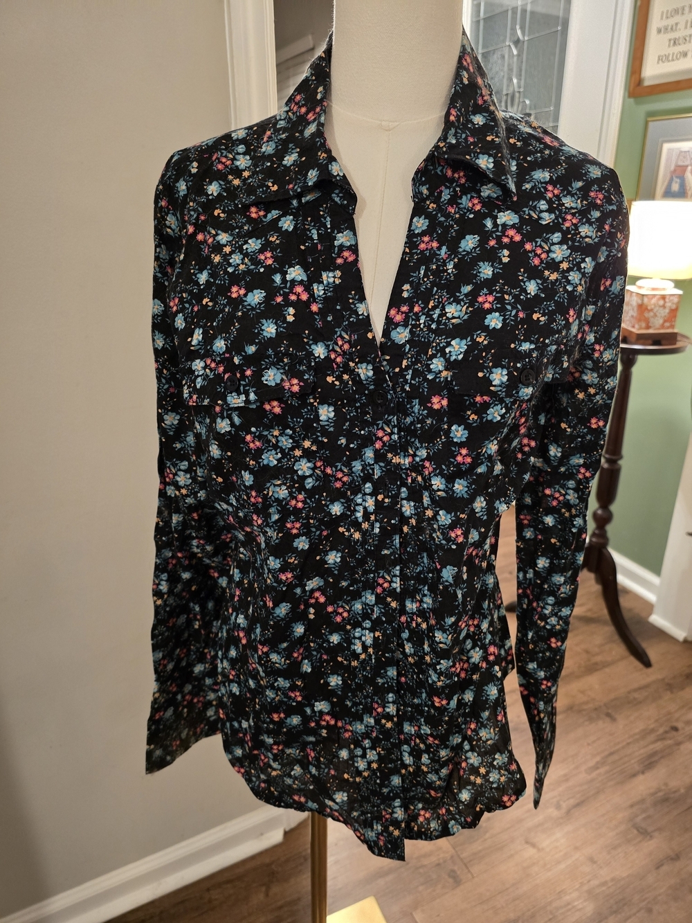 Miley Cyrus & Max Azria Black Blouse with Blue and Pink Floral Print